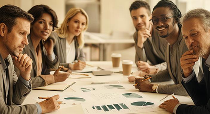 Reunión de consultoría con empresarios revisando indicadores operativos sobre una mesa de trabajo